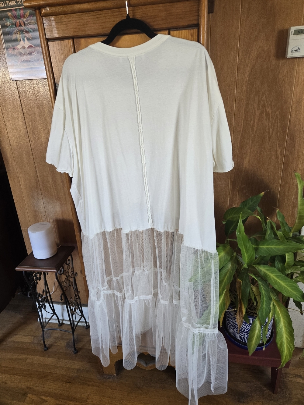 Tricia Fix White Mesh Tee Dress with Red Graphic and Pink Star Patches, size L - Picture 2 of 2